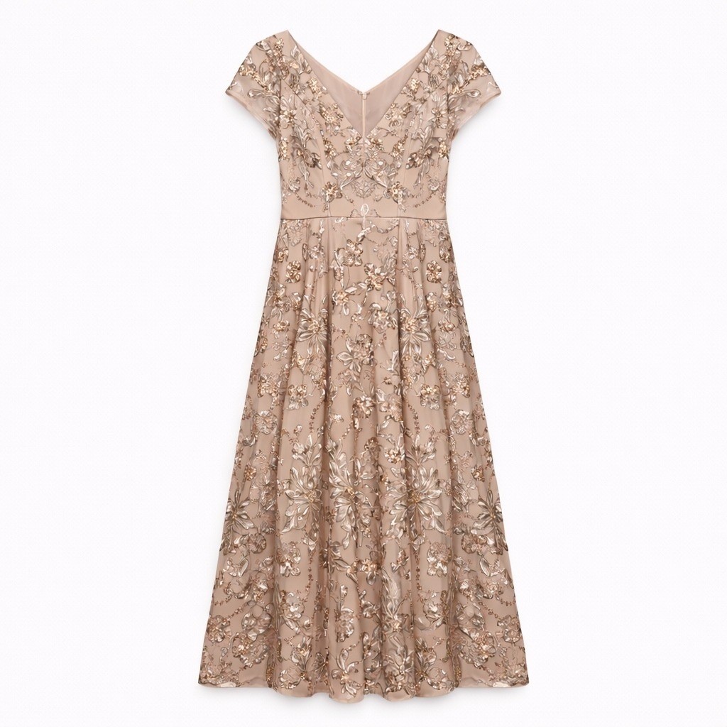 Oleg Cassini Blush Gold Floral Embroidered Sequined Formal Gown Dress Size 12