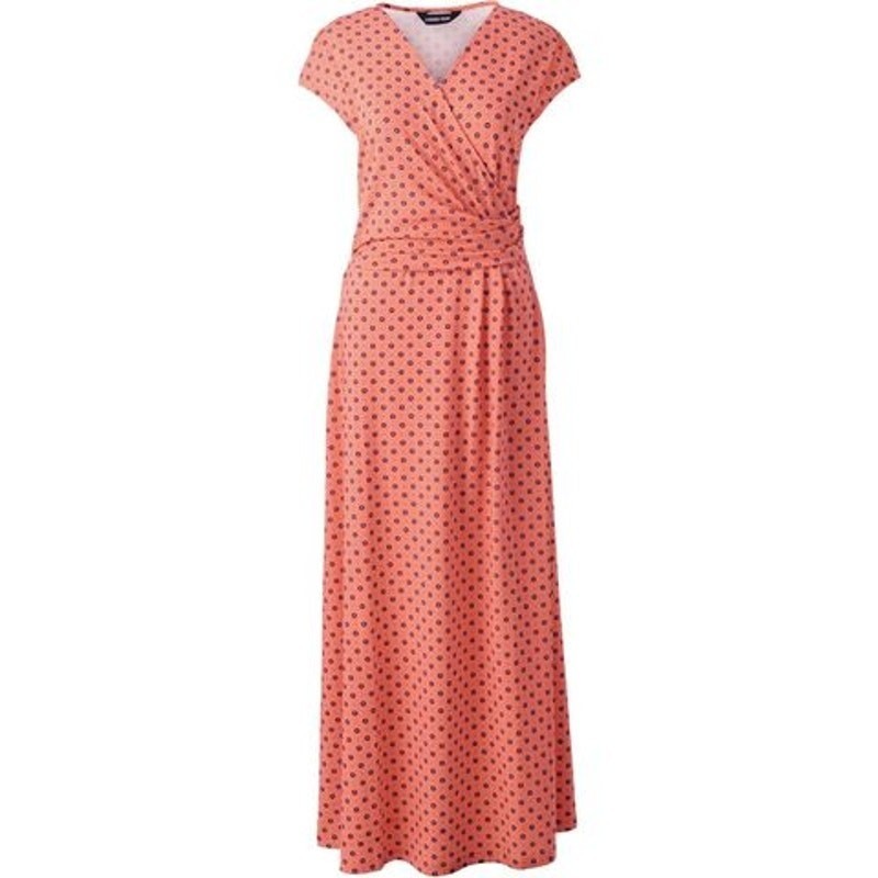Lands End Maxi Dress Womens S Orange Cotton Modal Jersey Twist Wrap Ditsy Floral