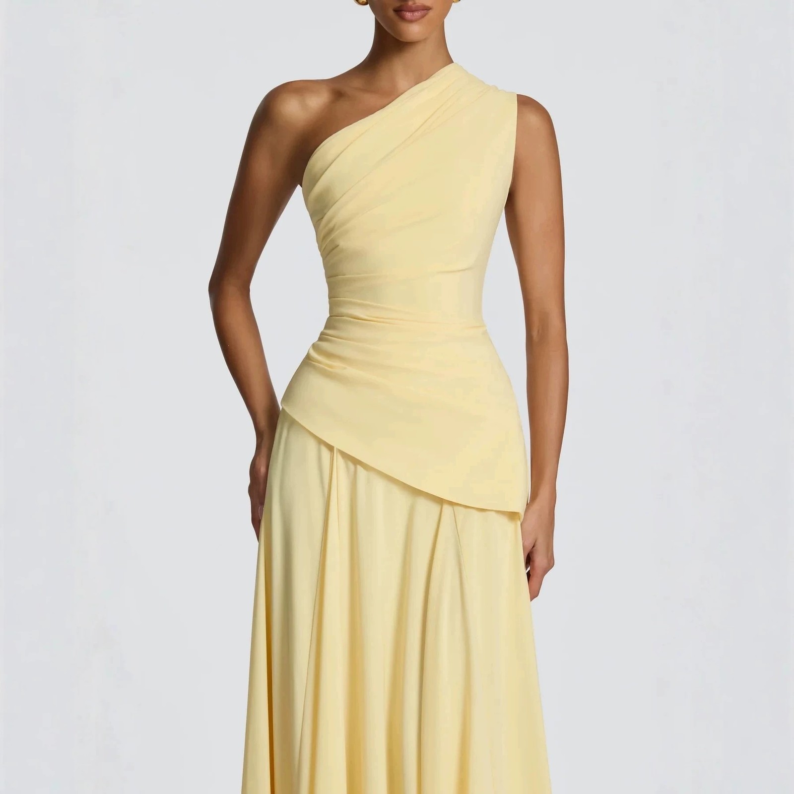 Elegant One Shoulder Yellow Maxi Dress – Sleeveless Evening Party Gown for Women
