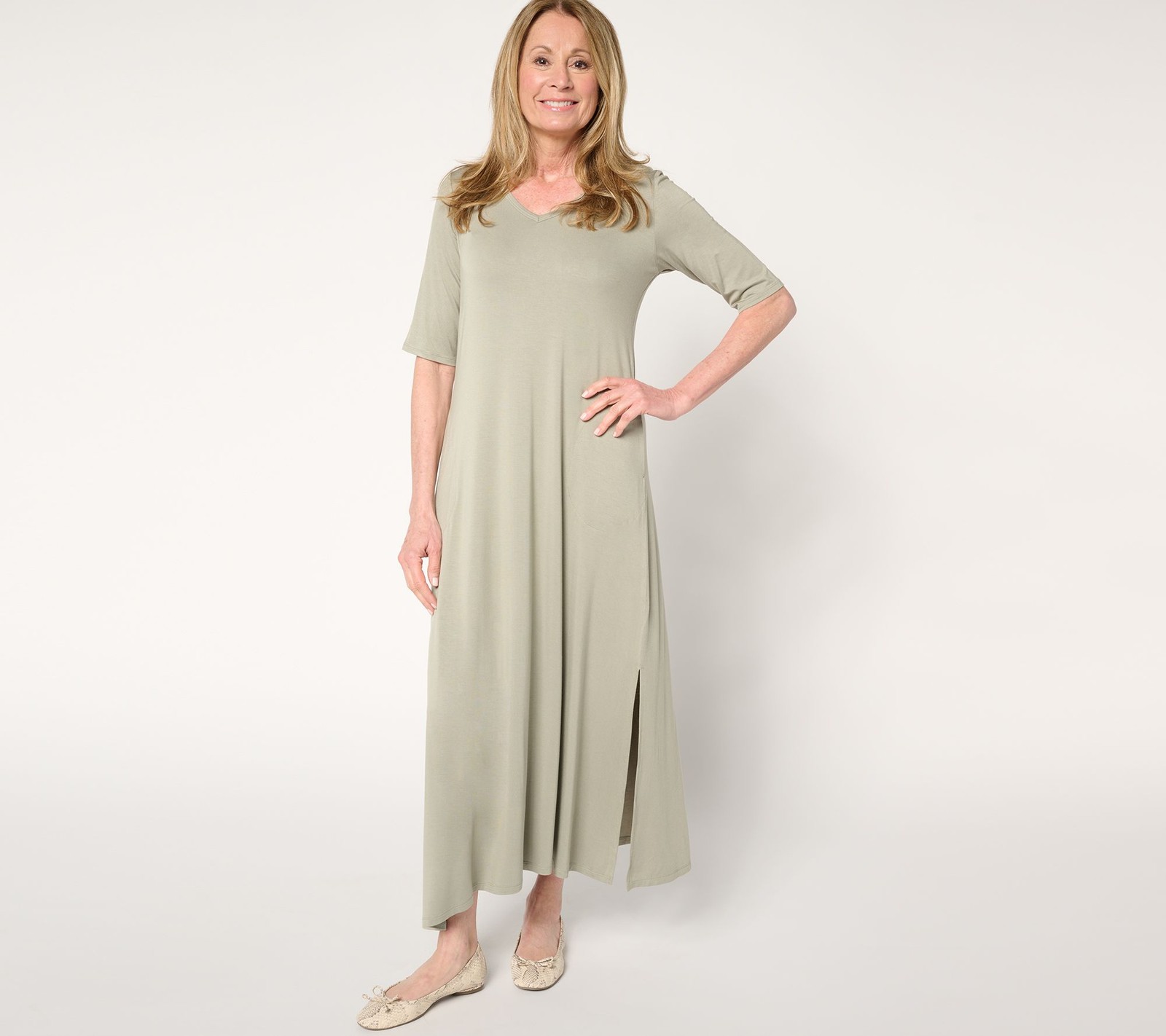 Belle by Kim Gravel Petite Rayon Spandex Elbow Sleeve Maxi Dress Green Tea M New
