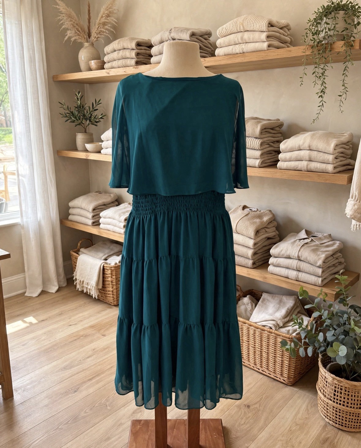 Women’s Teal Solid Crew Neck Short Sleeve Smocked Waist Fit & Flare Midi