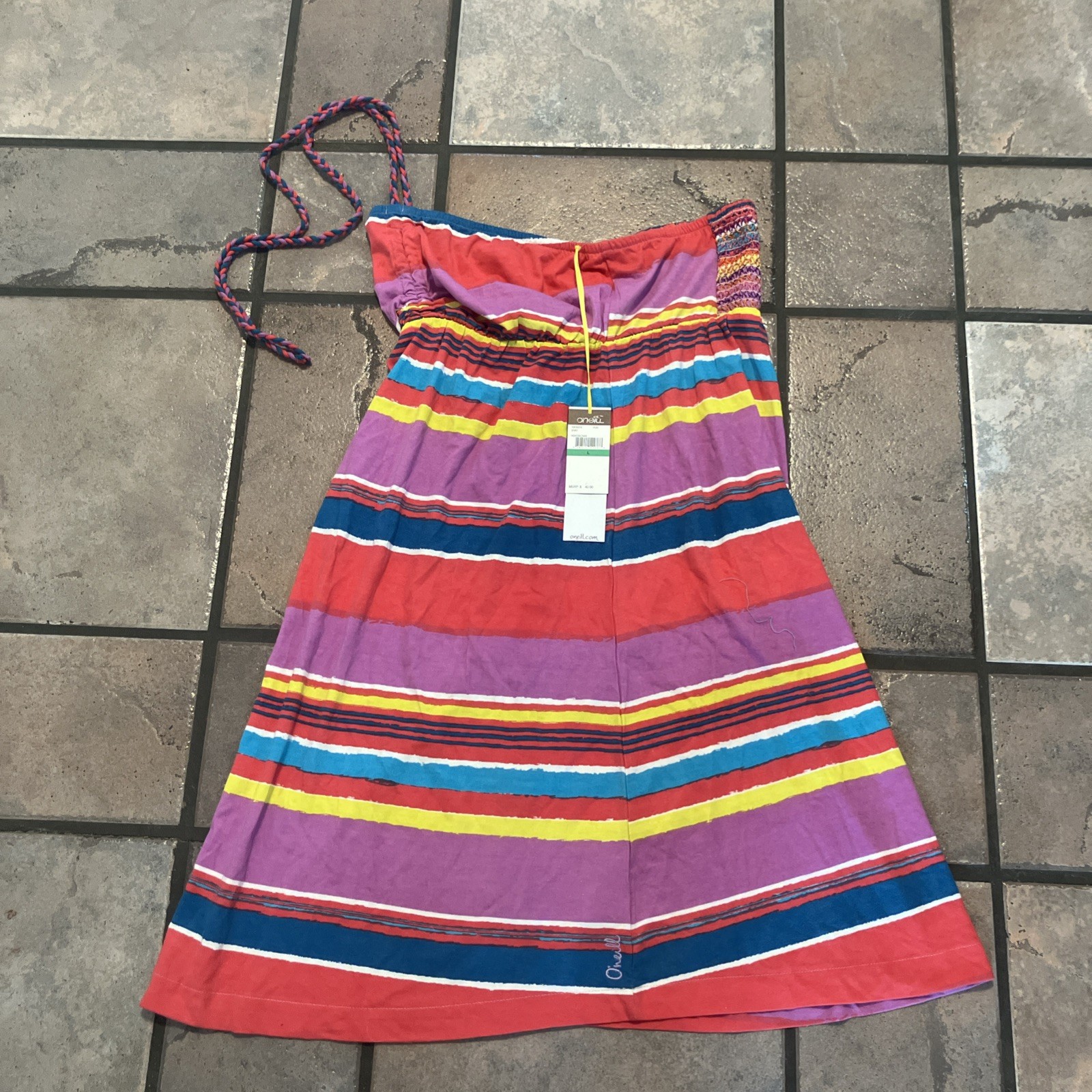 O’Neill striped strapless dress with a braided neck strap.