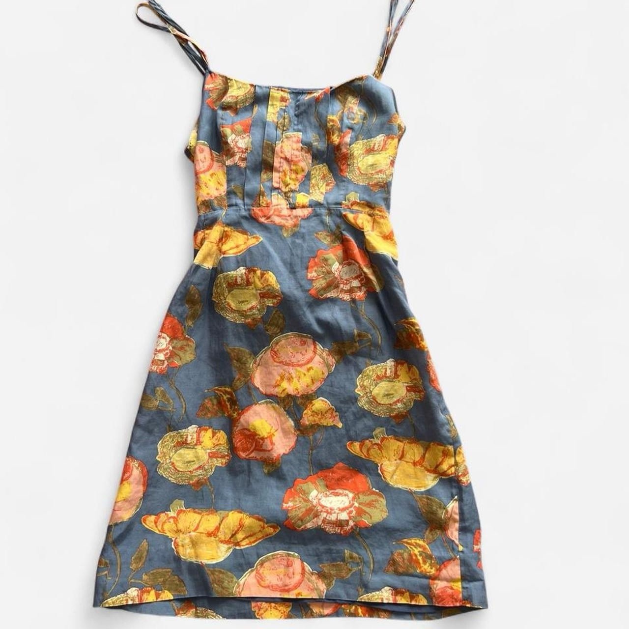 Blue Floral Mini Dress with Back Cut Out and Button Detail Size Small