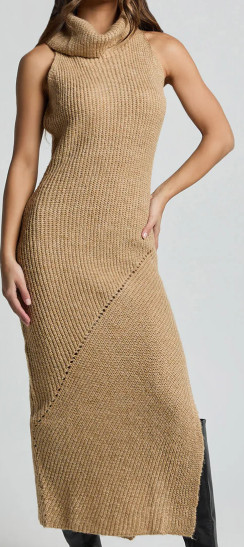SHOWPO Alaina Midi Dress Women’s US 8 Caramel Knit Roll Neck Sleeveless Midi