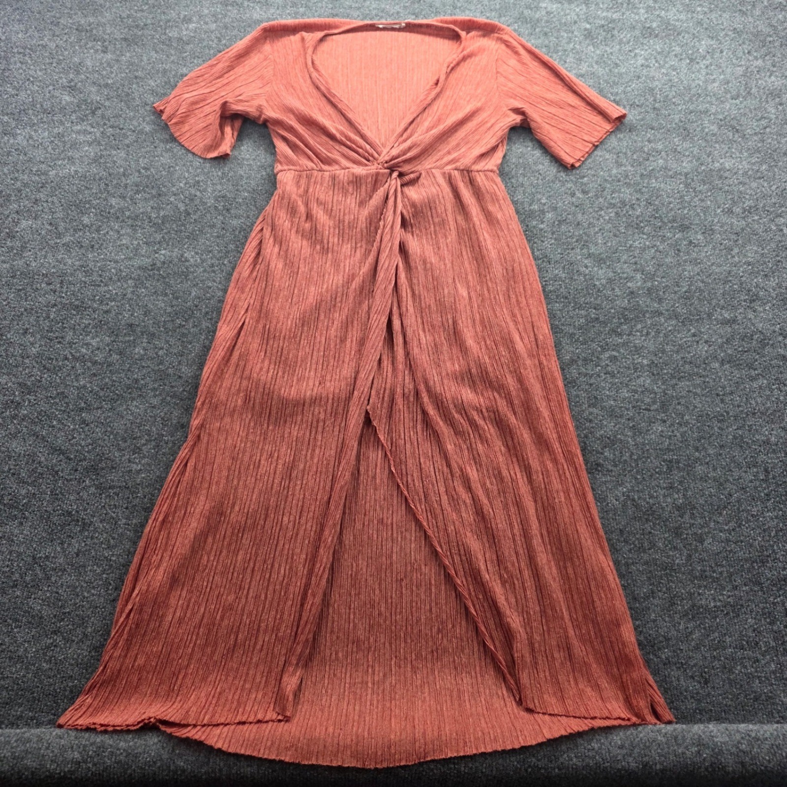 All in Favor Maxi Dress Twist Front High Low Pleated Rust Orange Medium Womens