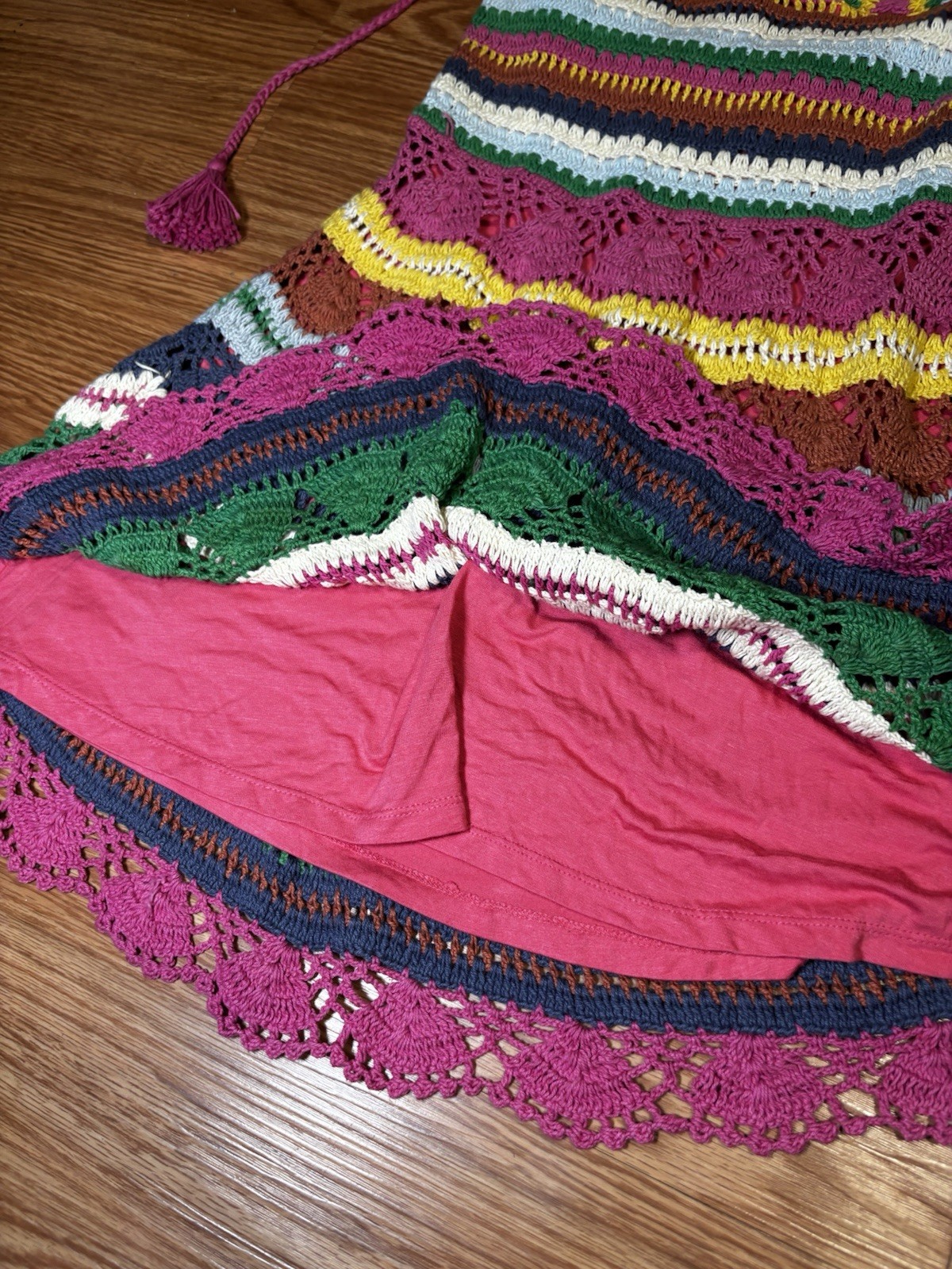 Love the Label Multicolor Striped Crochet V-Neck Puff Sleeve Mini Dress XS