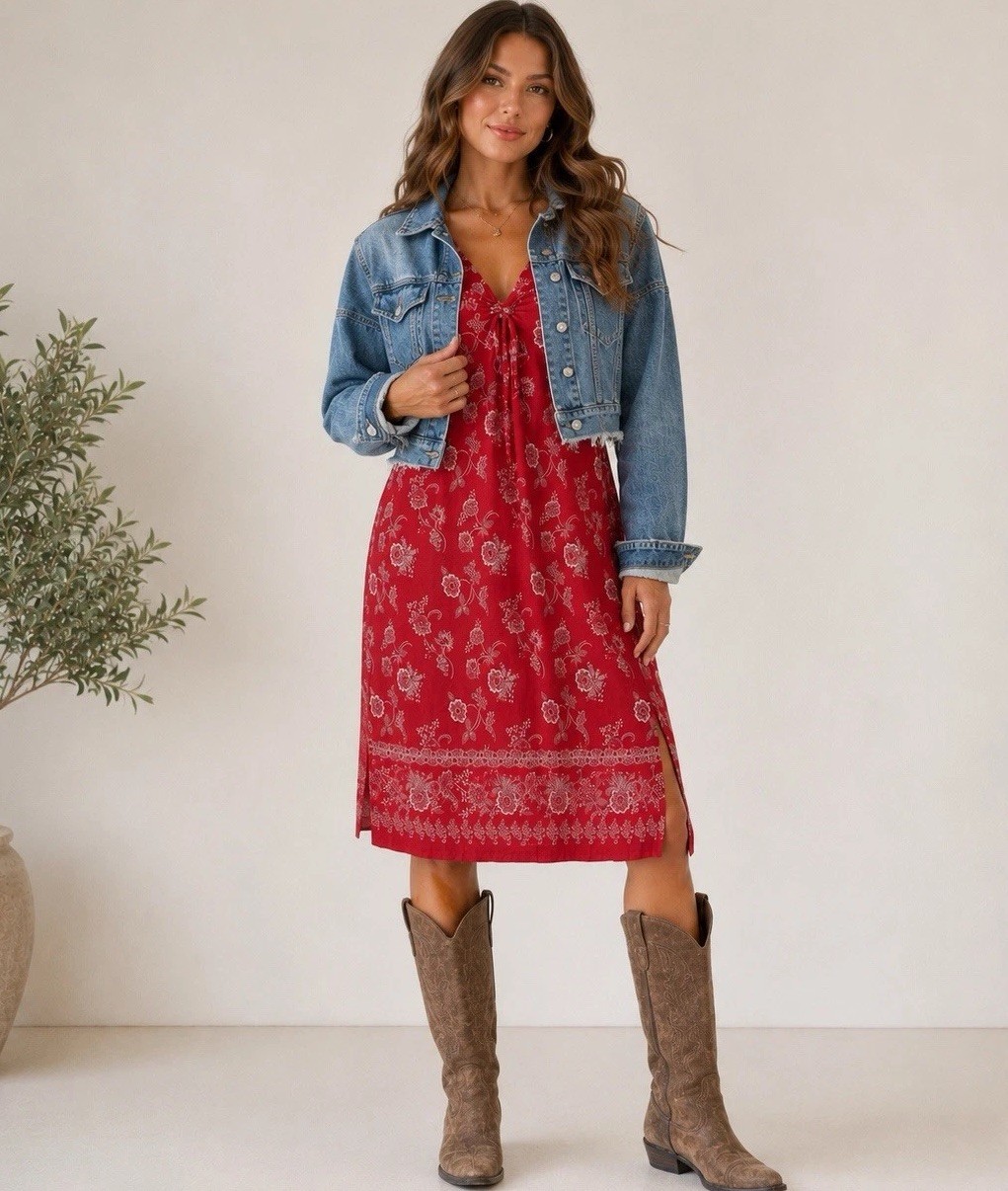 Vintage Y2K Red Floral Bandana Country Western Midi Shift Dress Sz S Faded Glory