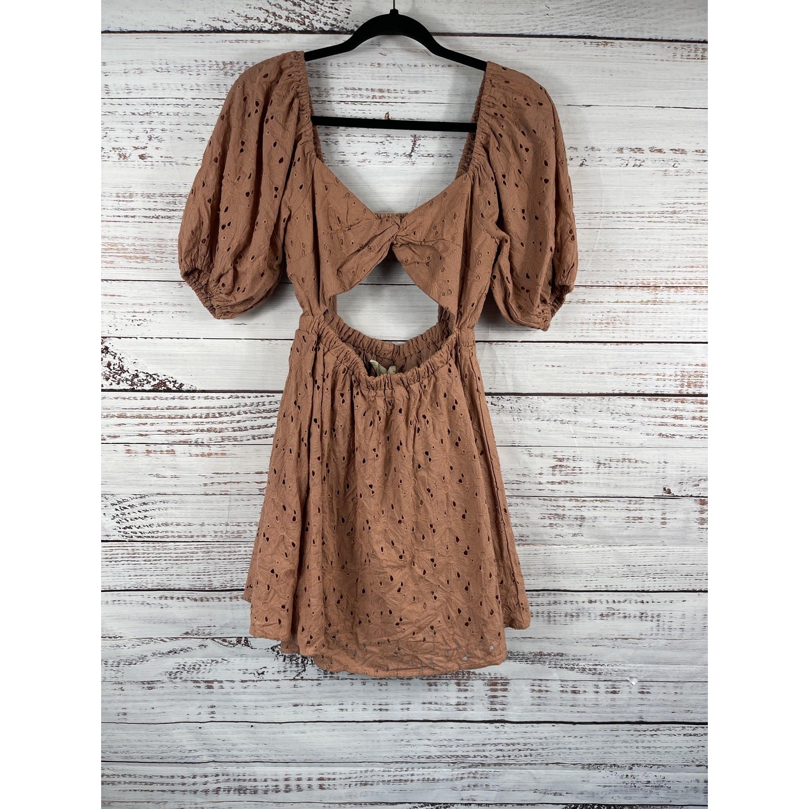 By Together Dress Women’s Medium Brown Eyelet Puff Sleeve Cutout Bow Mini Boho