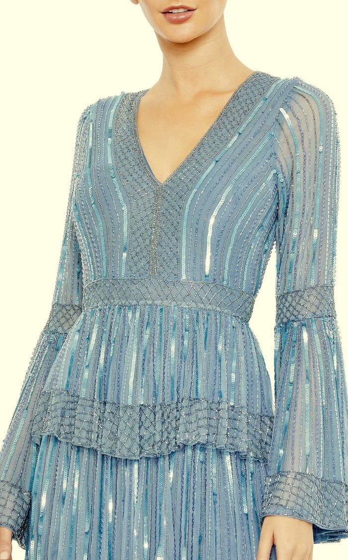 Mac Duggal Blue Sequin Stripe Long Bell Sleeve Tiered Ruffle Gown Size 8 $698