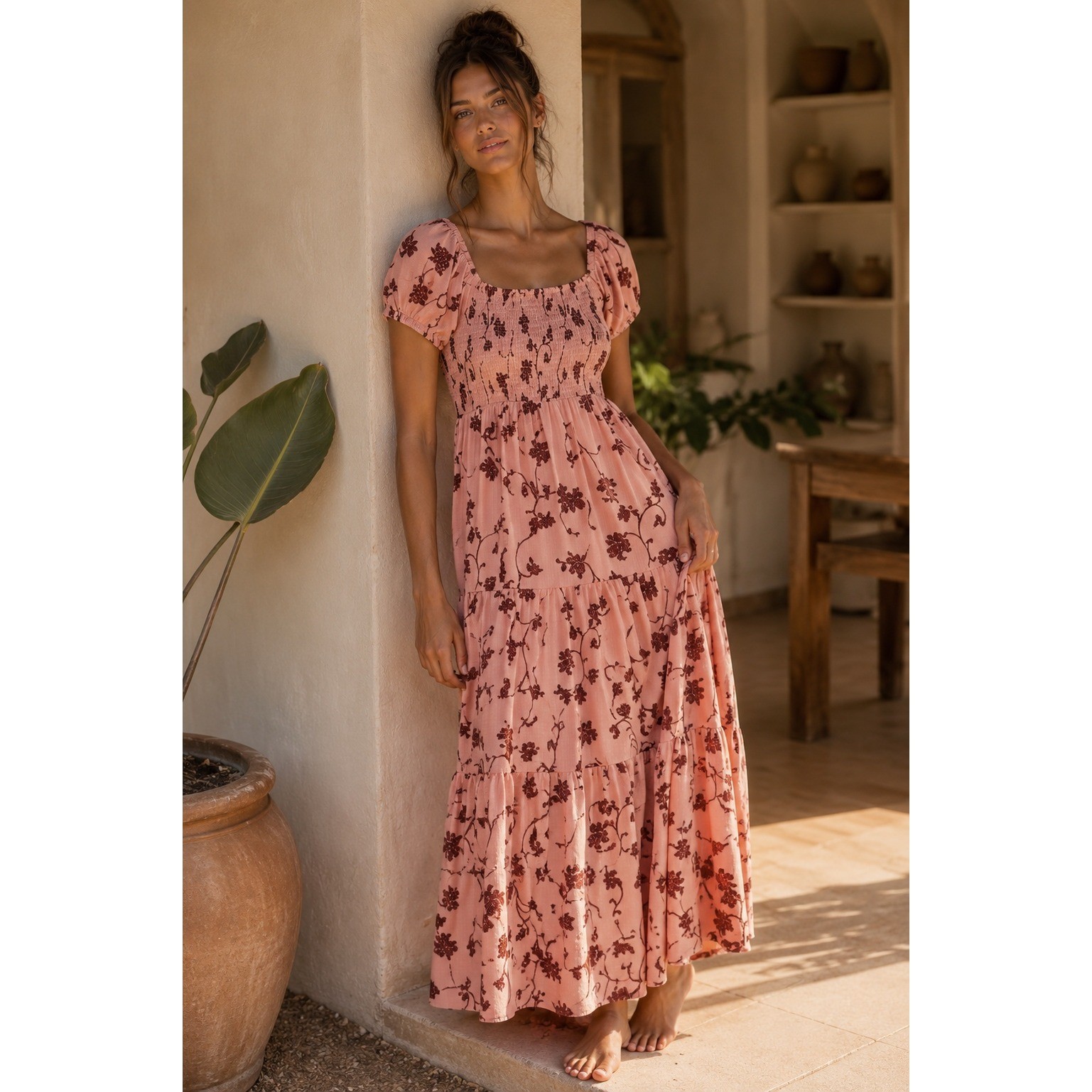 Daily Practice ANTHROPOLOGIE Floral Smocked Tiered Midi Dress XS Puff Sleeve