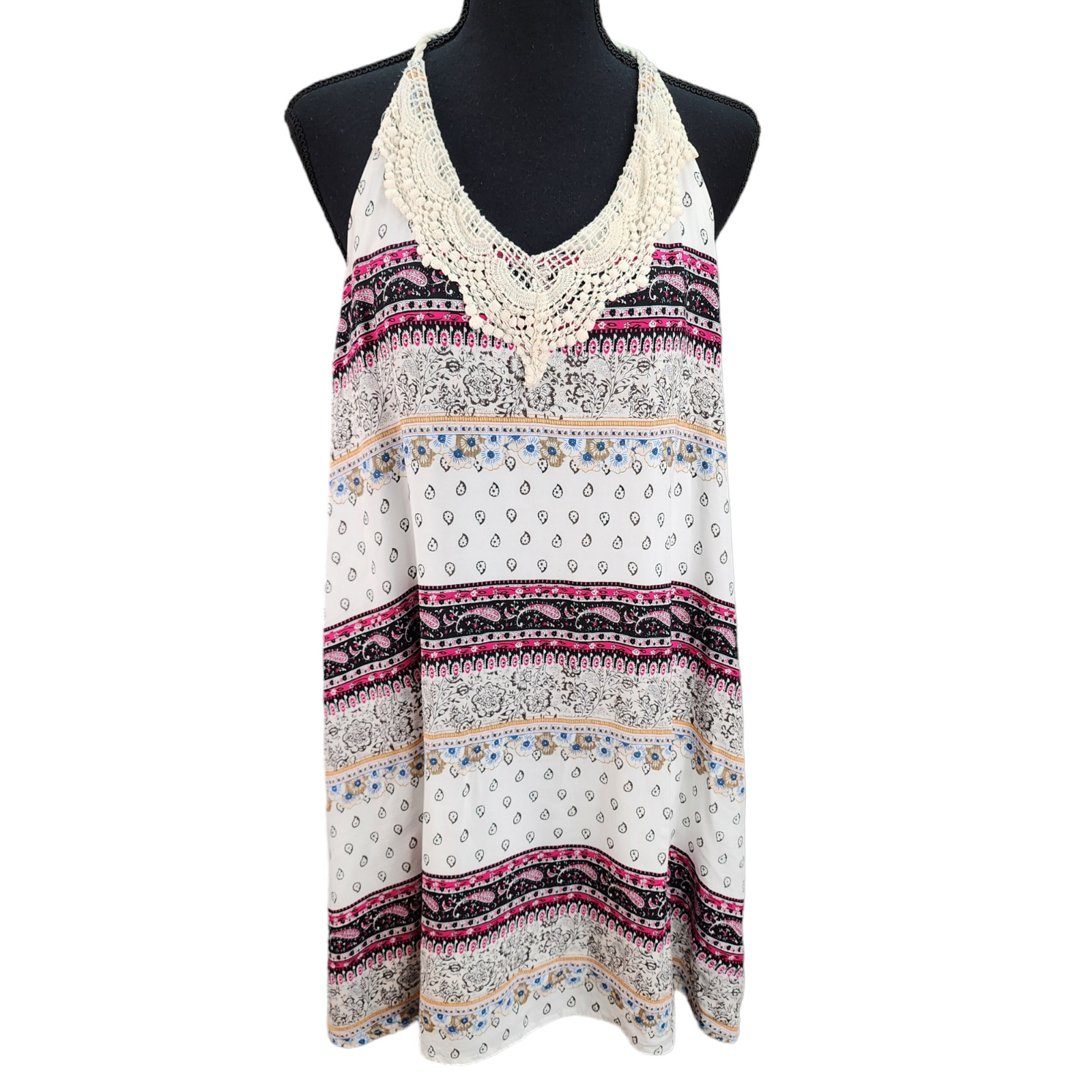 Women Medium Boho Halter Sundress Crochet Trim Shift Dress Lined Vacation Summer
