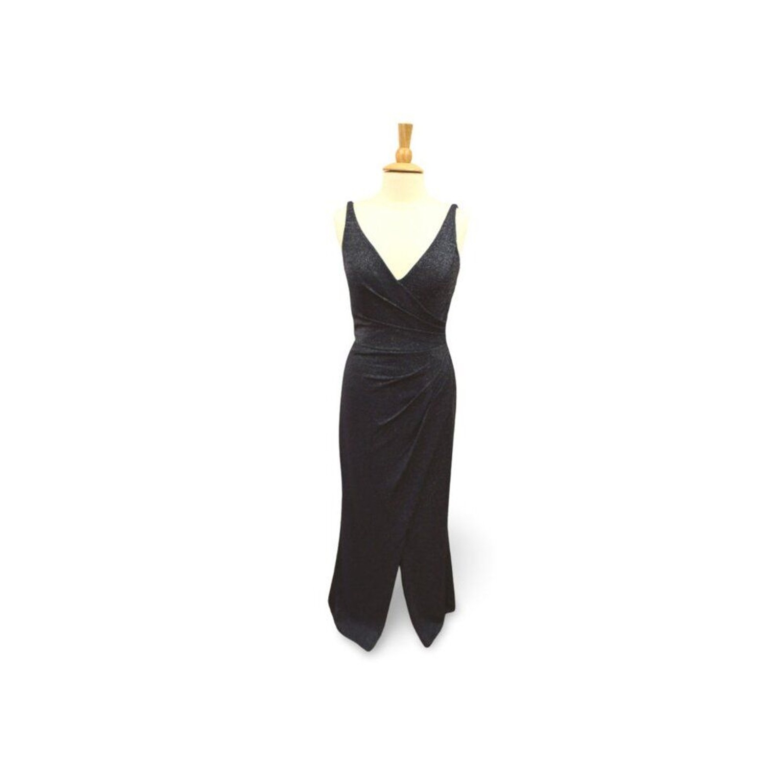Navy Glitter Knit Fitted V-neck Formal dress with slit Bari Jay