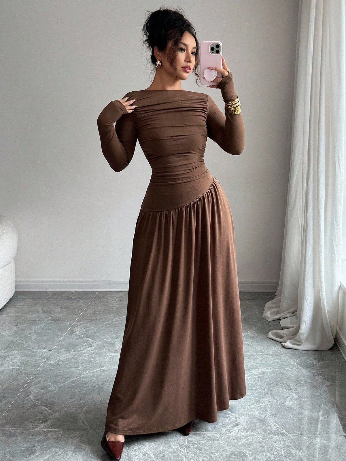 Elegant Women’s Long A Line Off Shoulder Neckline Dress