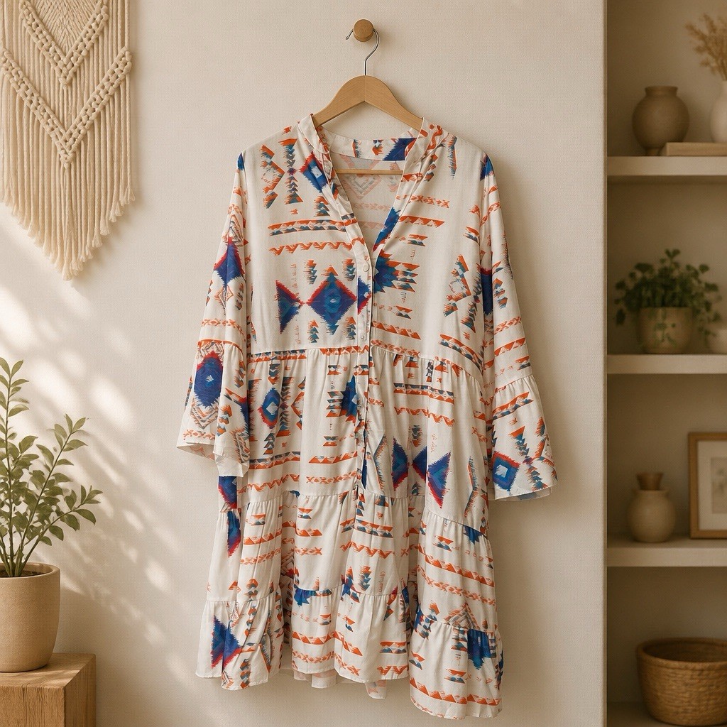 Boho Geometric Tribal Print Tiered Dress V-Neck Bell Sleeve Womens Medium NWOT