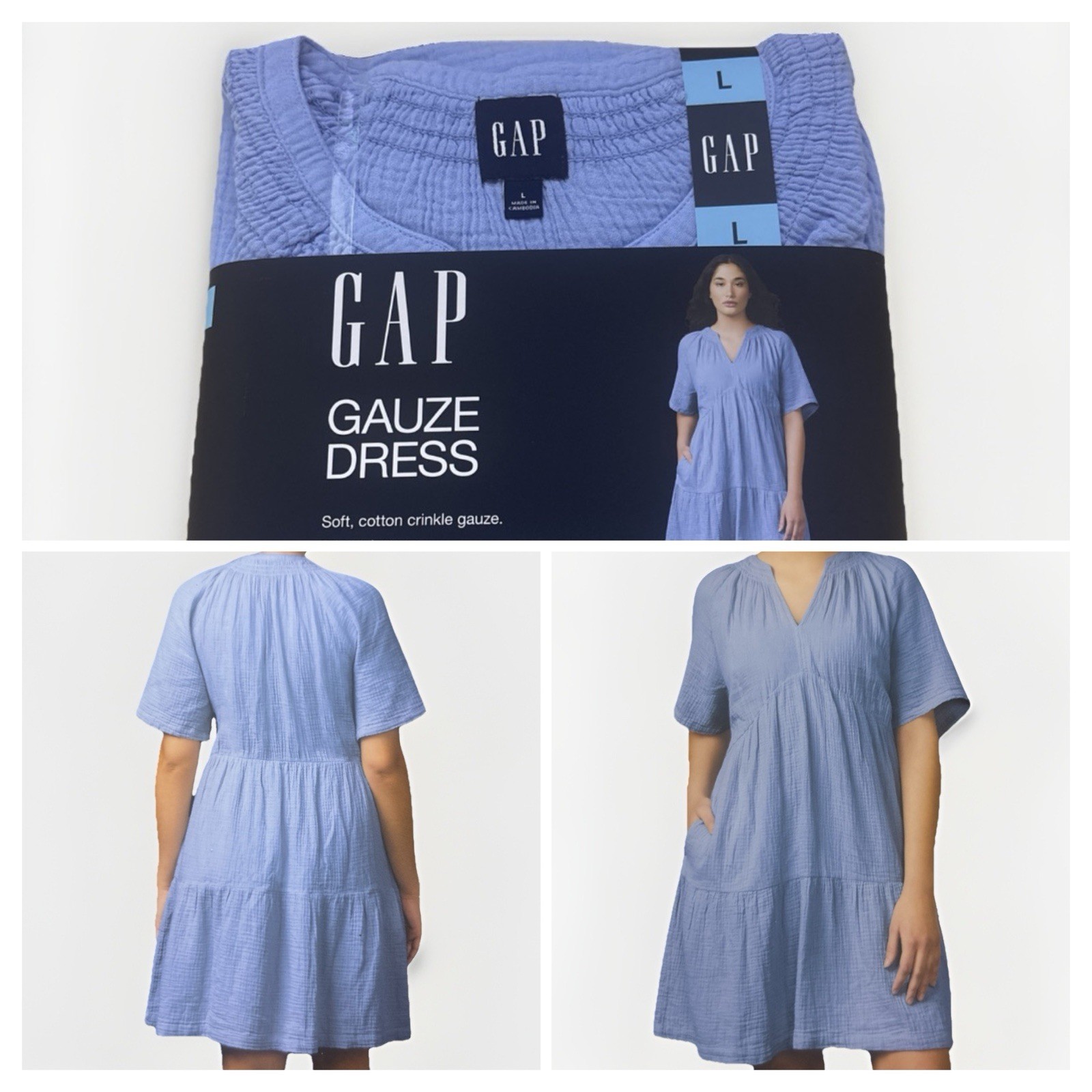Gap Size: L Relaxed Fit Soft Blue Cotton Gauze Tiered Dress New With Tags