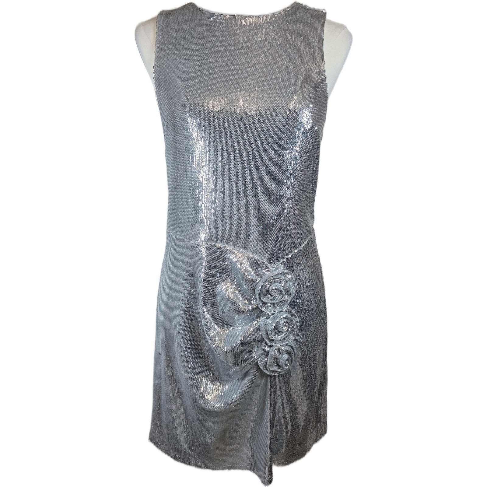 Avec Les Filles Size 12 Silver Sequin Rosette Mini Dress Sleeveless Cocktail