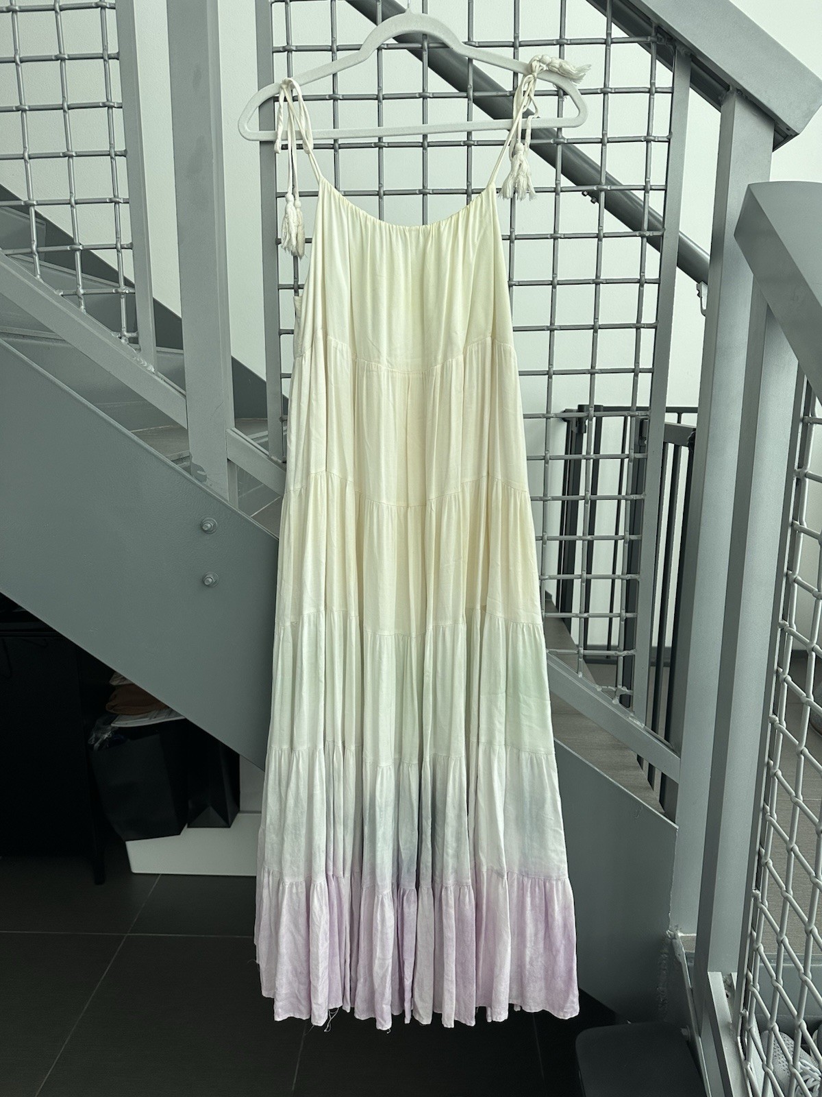 Storia Women’s Ivory Lavender Dip Dye Maxi Dress Tie Strap Sleeveless Size M