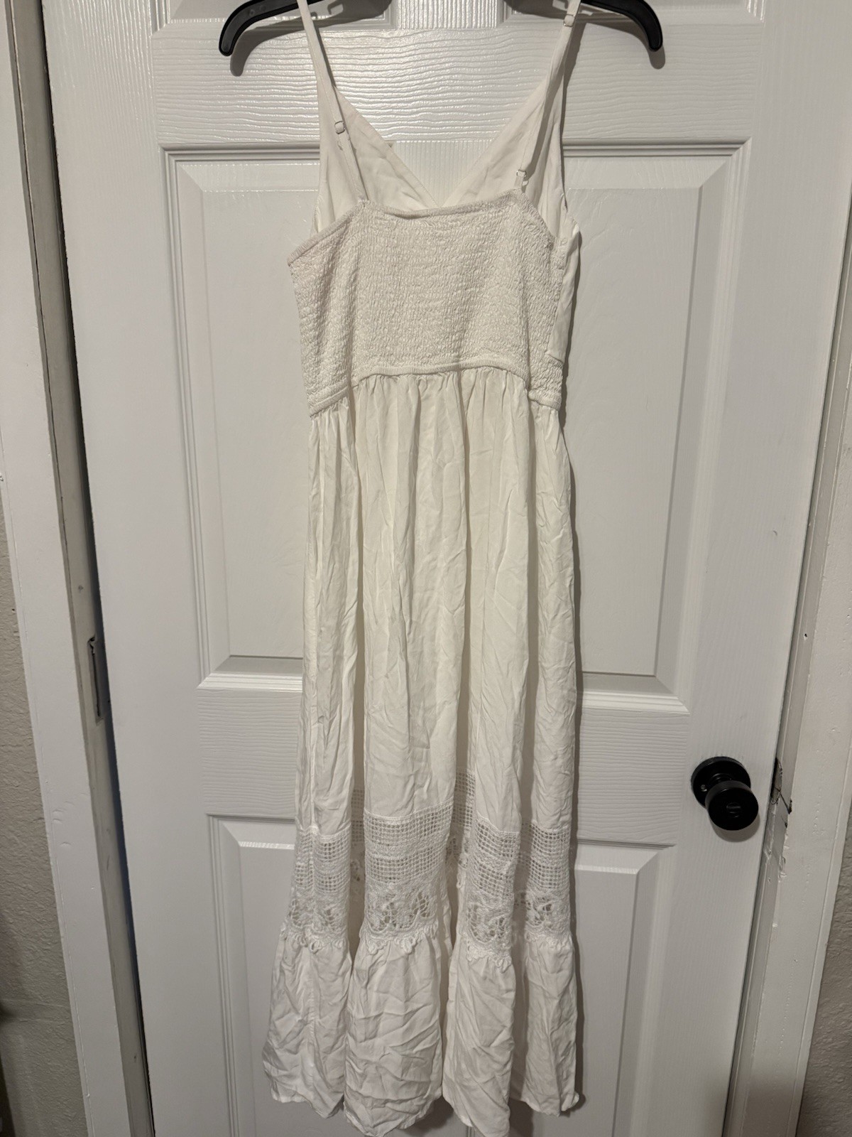 Moon White Solid Lace Midi Sundress V-Neck Strappy Sleeveless Adjustable M