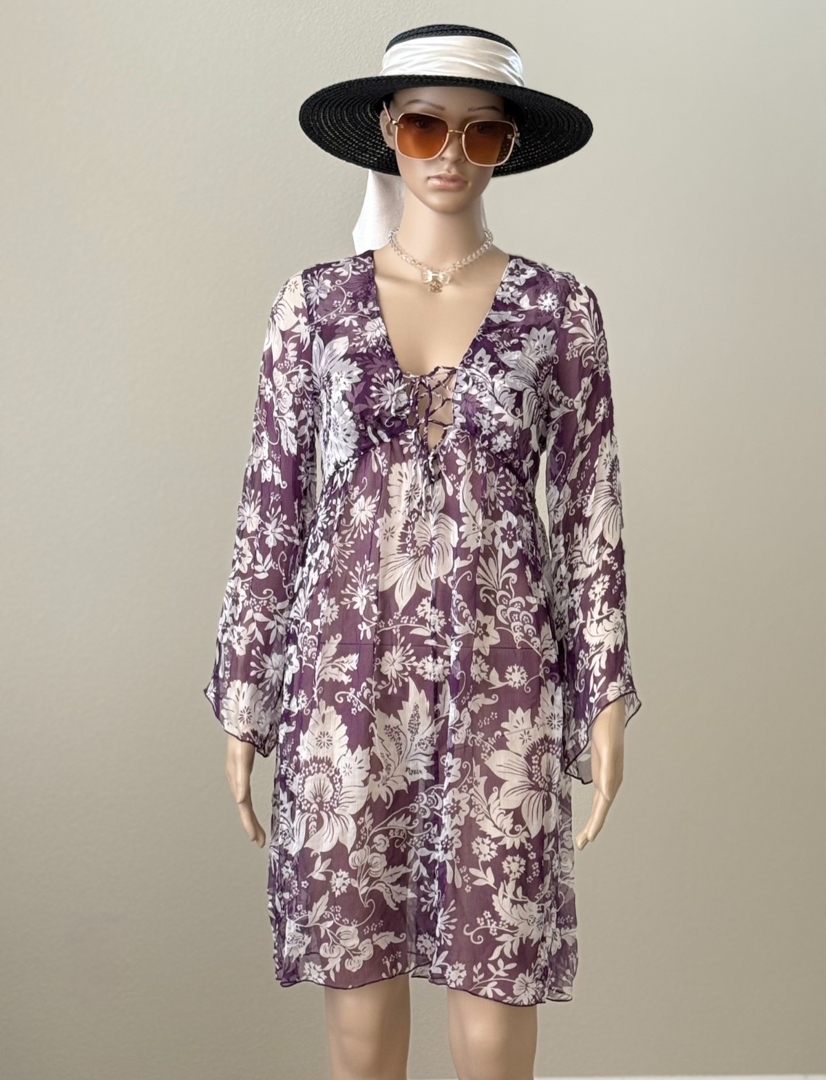 New! Eres 100% Silk Purple Floral Cover up Dress SZ: XS/ Small