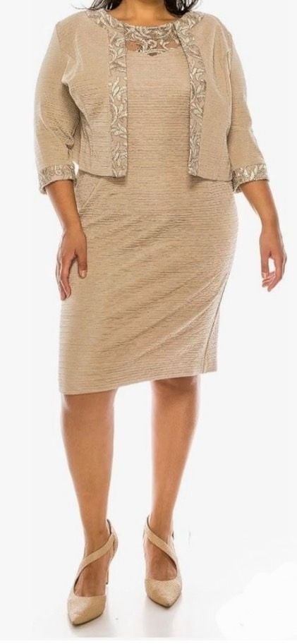 Brianna Milay Sheath Dress and Jacket Two-Piece Set, Almond Size 14 Chic