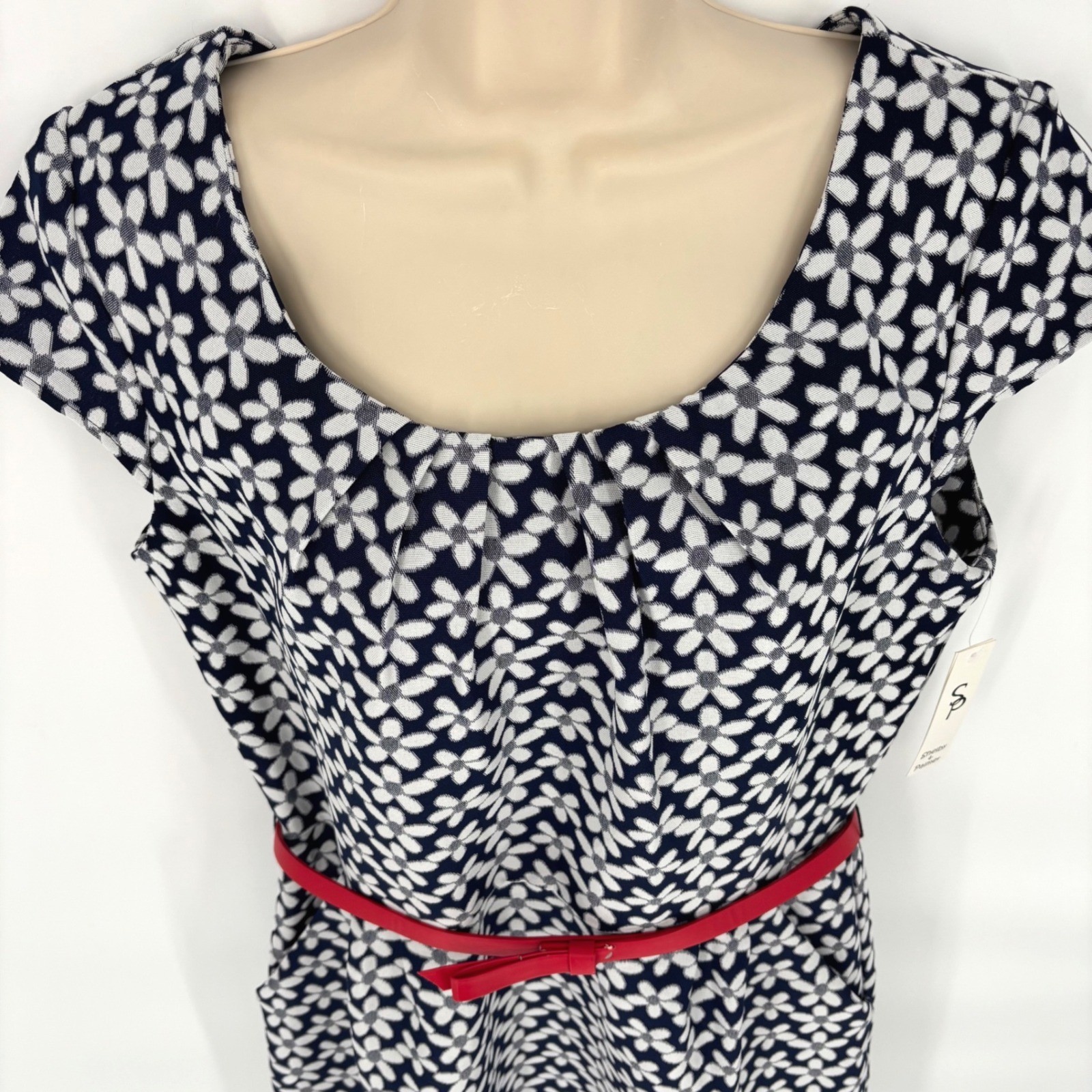 Shelby & Palmer Navy White Floral Sheath Dress with Red Belt Pockets Size 14 NWT