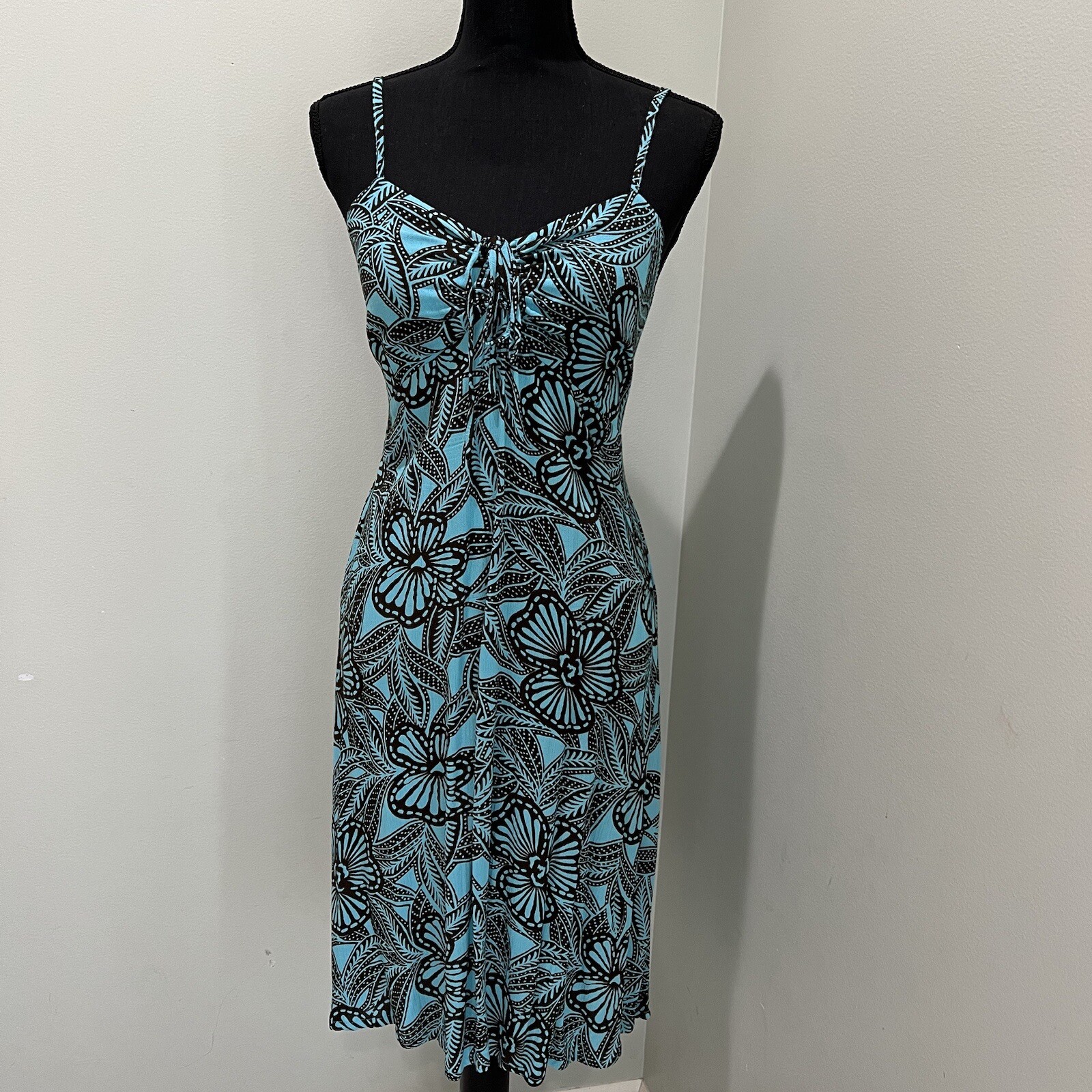 Piramide Clothing Company Handmade Teal & Brown MIDI Dress 100% Rayon Sz M EUC