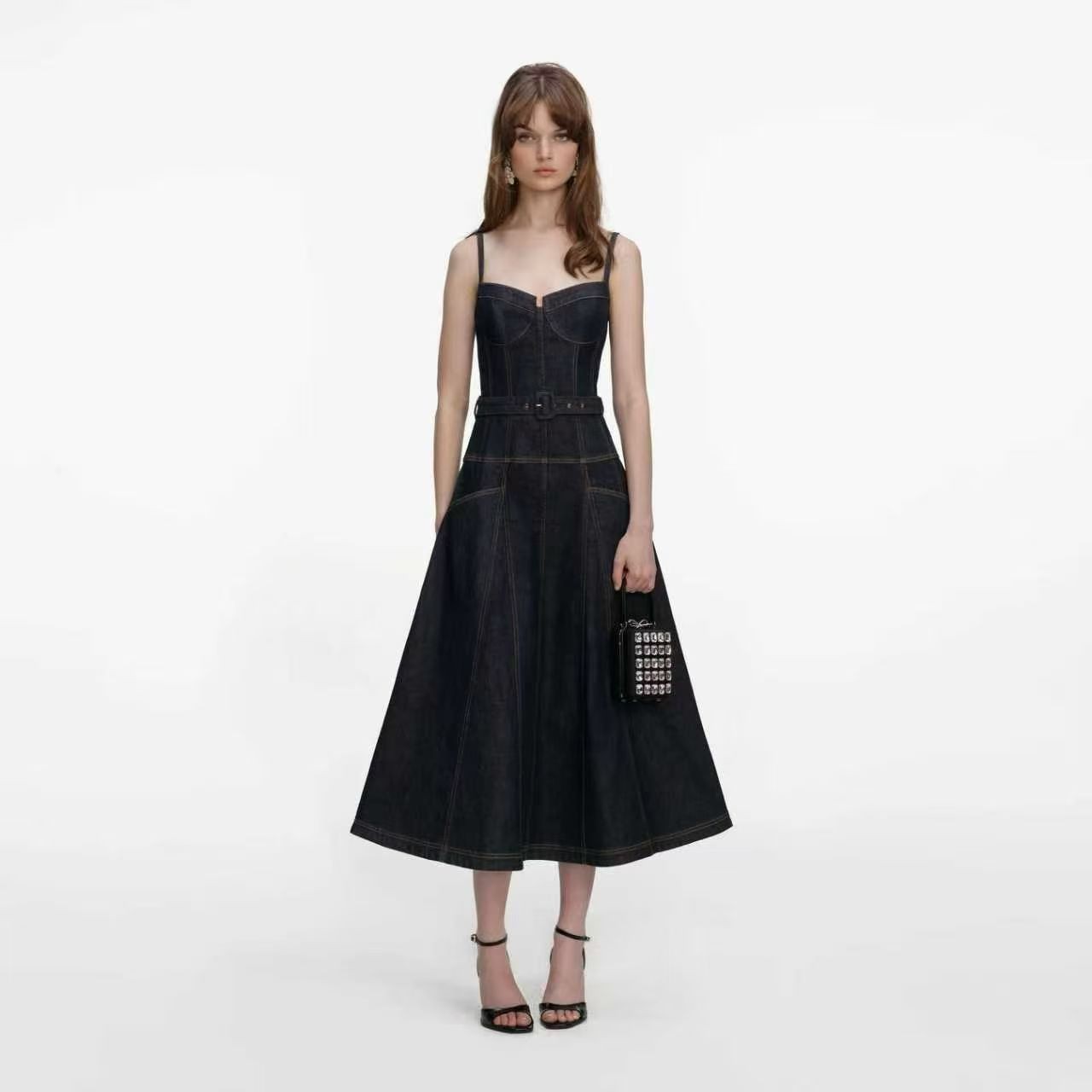 Self-Portrait Dark blue denim dress Pocket Belts Strapless long Dresses