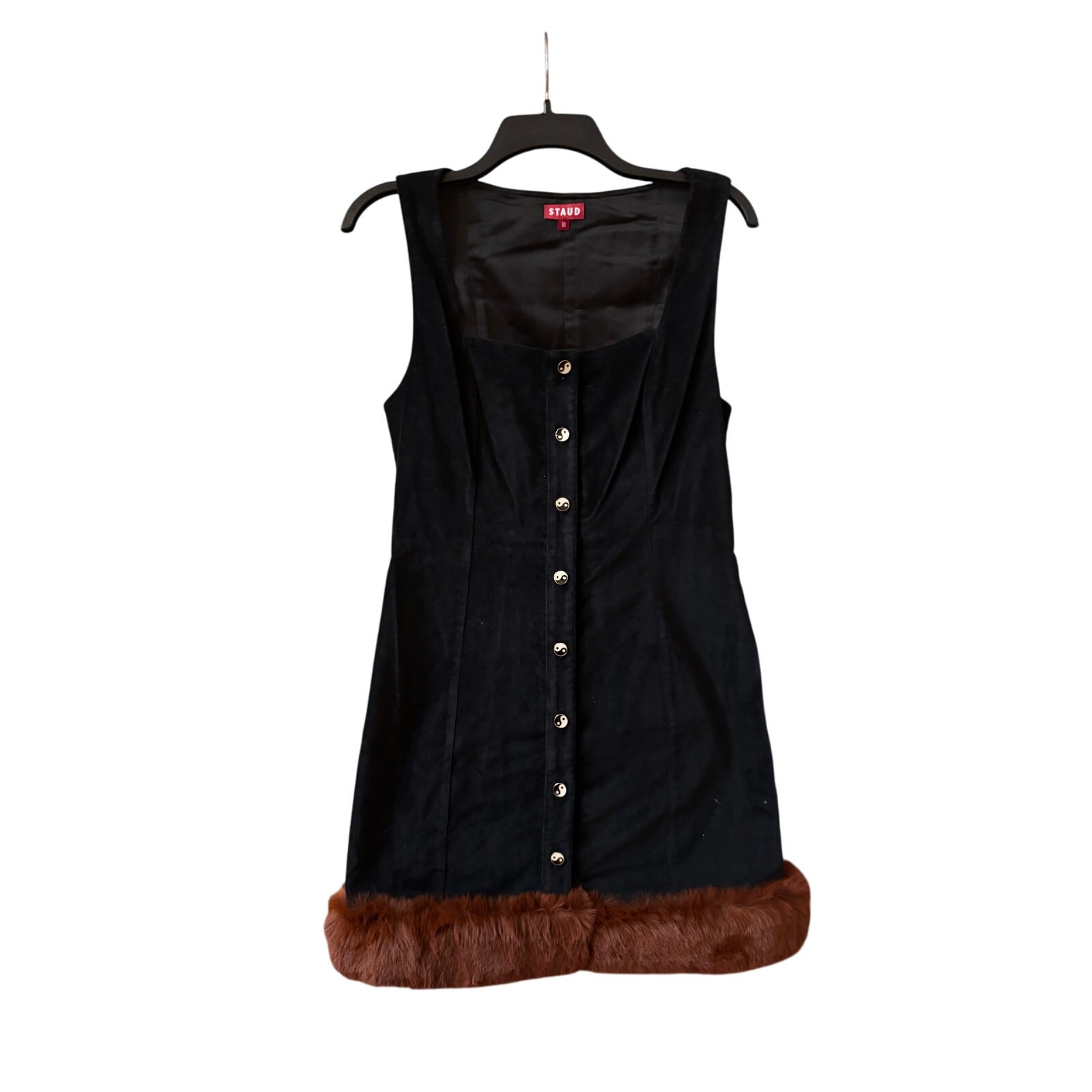 Staud mini dress square neck button-down front yin-yang symbols, faux fur (New)