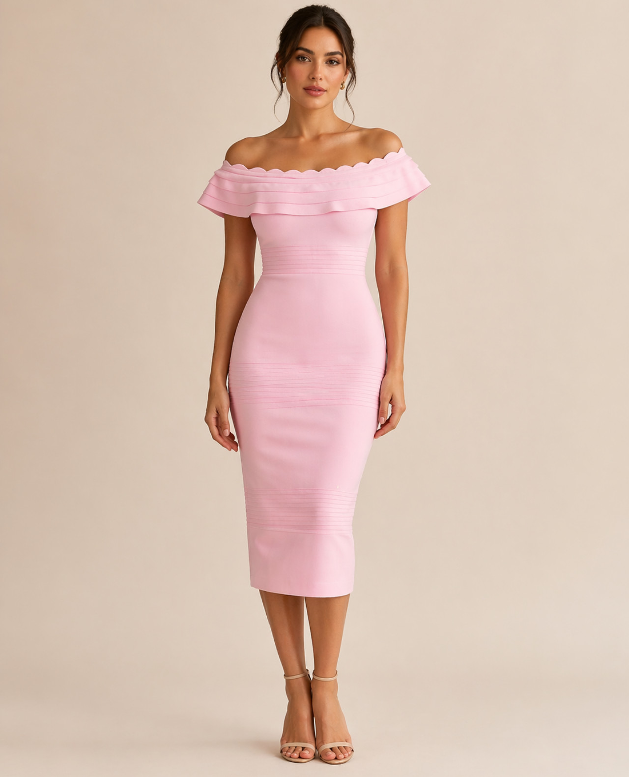 Pink Off-Shoulder Scallop Neck Bodycon Midi Dress for Women