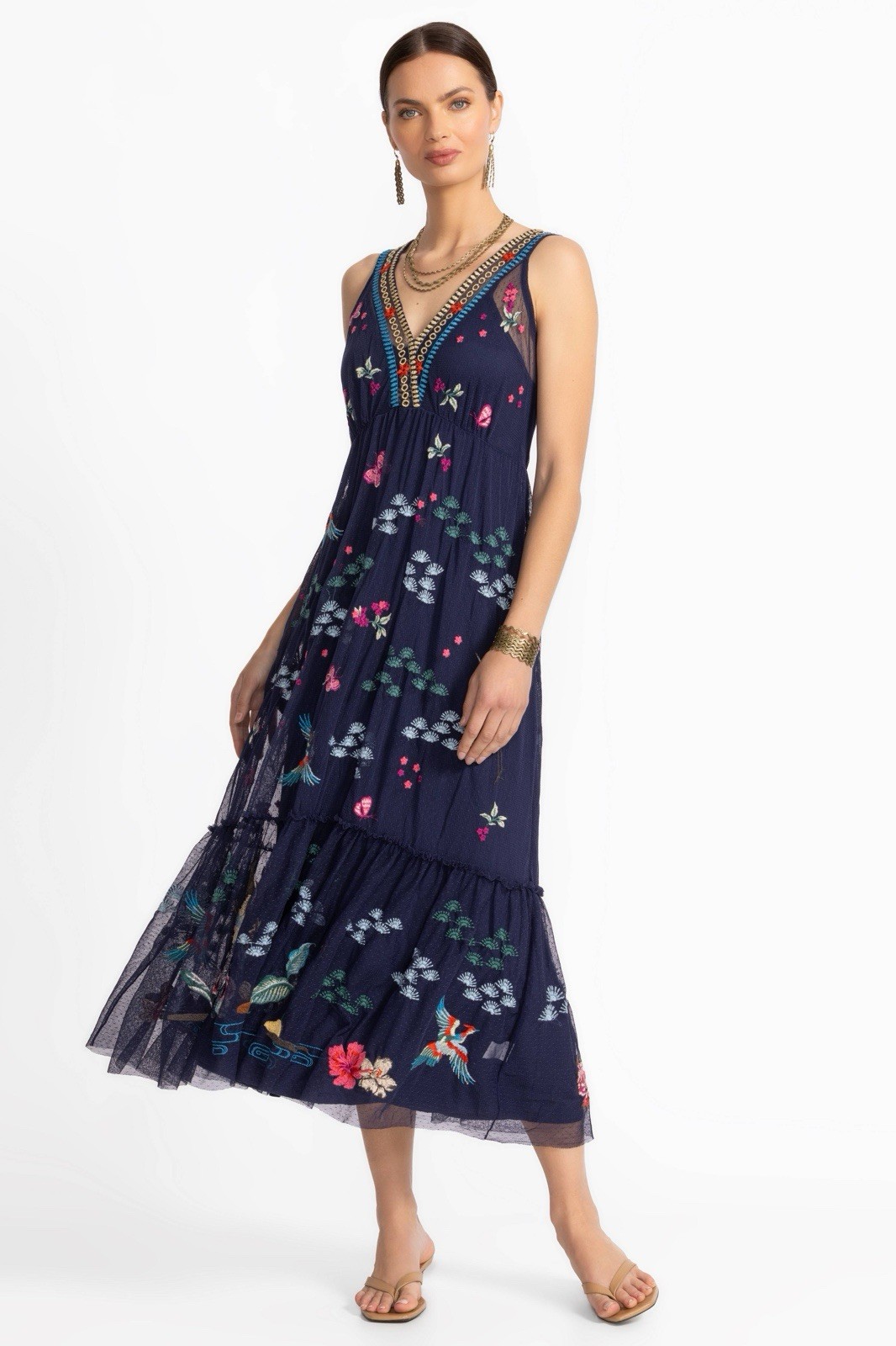 NWT $425 Johnny Was blue nights Zinoviah Mesh Dress & Slip embroidered floral S