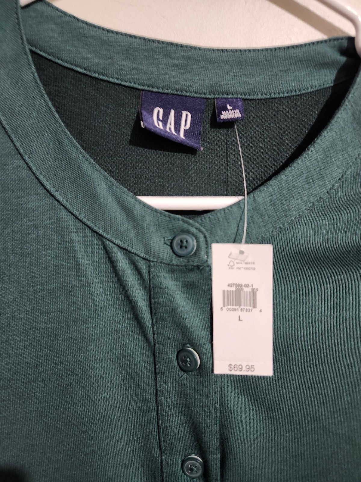 GAP Green Knit Button Tiered A-Line Dress Long Sleeve L Knee Length 60% Cotton