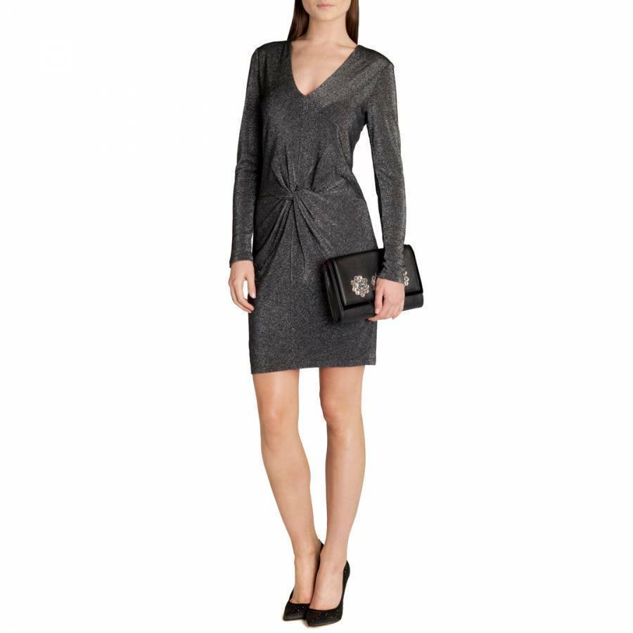 Ted Baker Lizzy Silver Black Metallic Shimmer Twist Cocktail Dress 0 1 US 2 4 ?