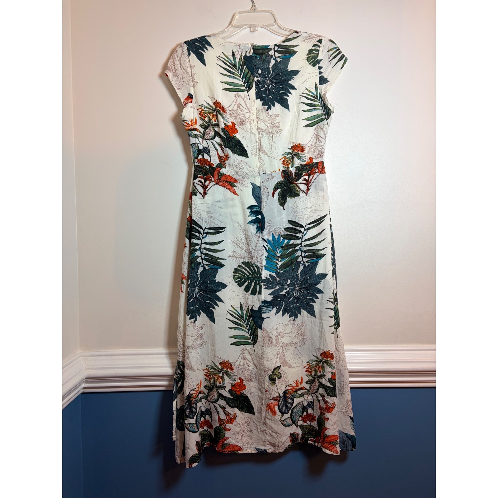 Young Essence Tropical Botanical Floral Faux Wrap Midi Dress White Green Orange