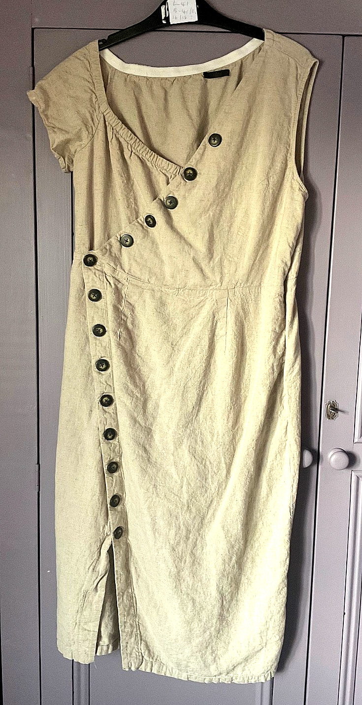 Ellos Size 14 / 16 Stone Wrap Look Button Trim Linen Viscose Blend DRESS Summer