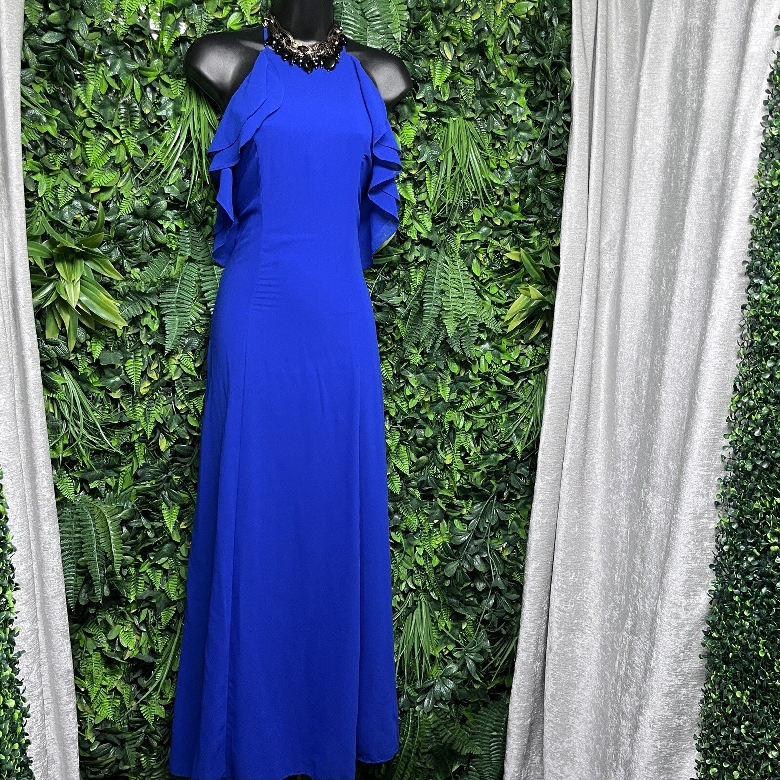 Lulus Dress Women Medium Royal Blue Halter Ruffle Sleeves Formal Gown Maxi 2667