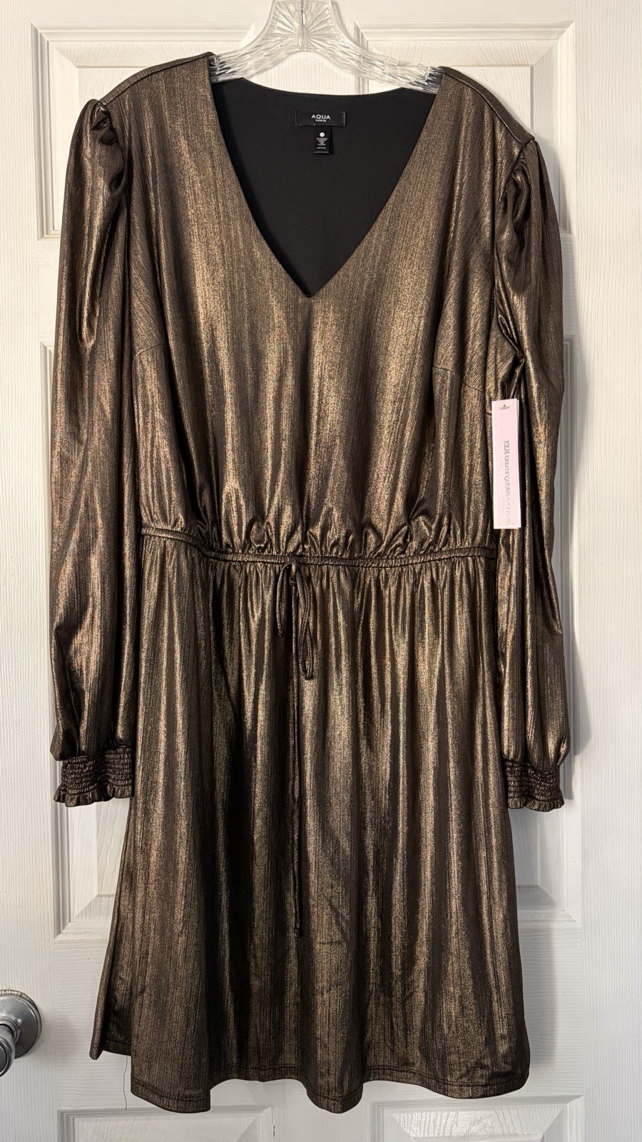 NWT Aqua Curve Plus 1X Gold Lamé/metallic And Black Long Sleeve Dress Bloomies