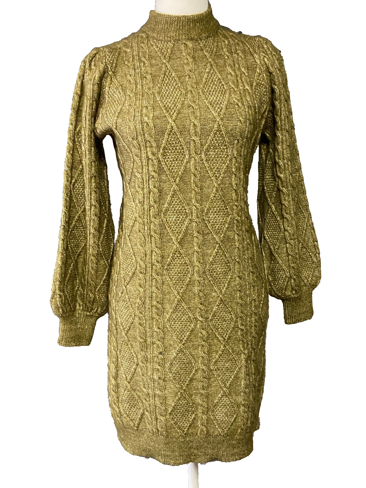 Ophelia Roe Sweater Dress Womens Large Olive Green Cable Knit Long Sleeve Mock N