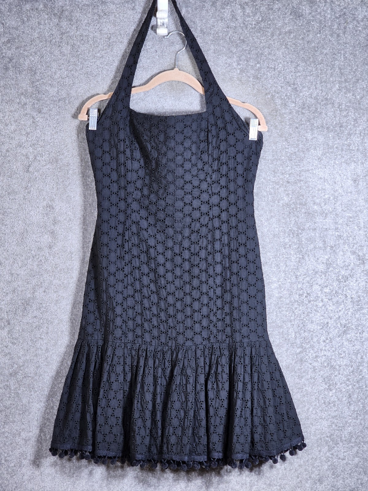 Maggy London Y2K Halter Dress Women Sz 6 Black Eyelet Ruffle Pom Pom Whimsigoth