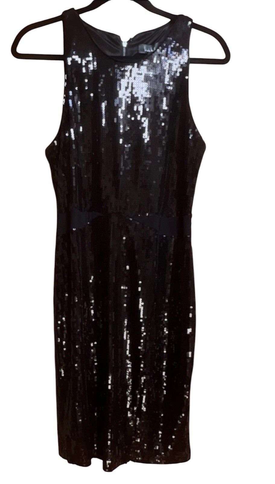 Nicole Miller Very Black Sequin Sheath Dress Round Neck Sleeveless Knee 14