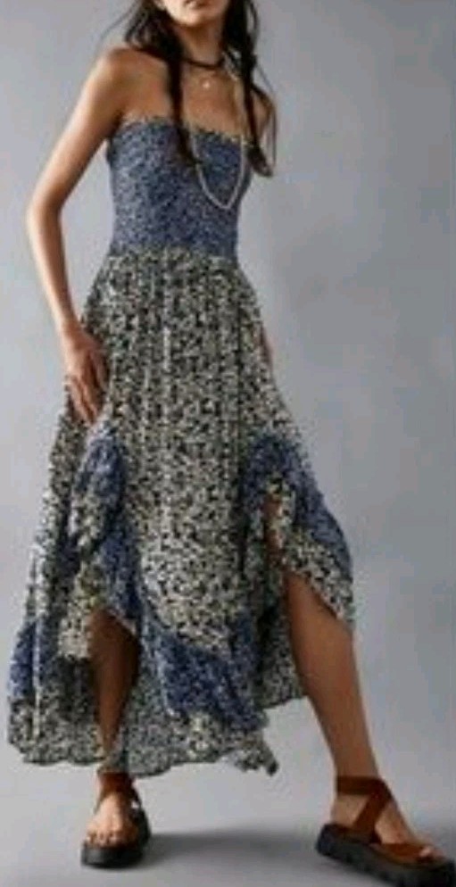 Free People One I Love Ditsy Floral Boho Midi Dress in Denim Combo Size S