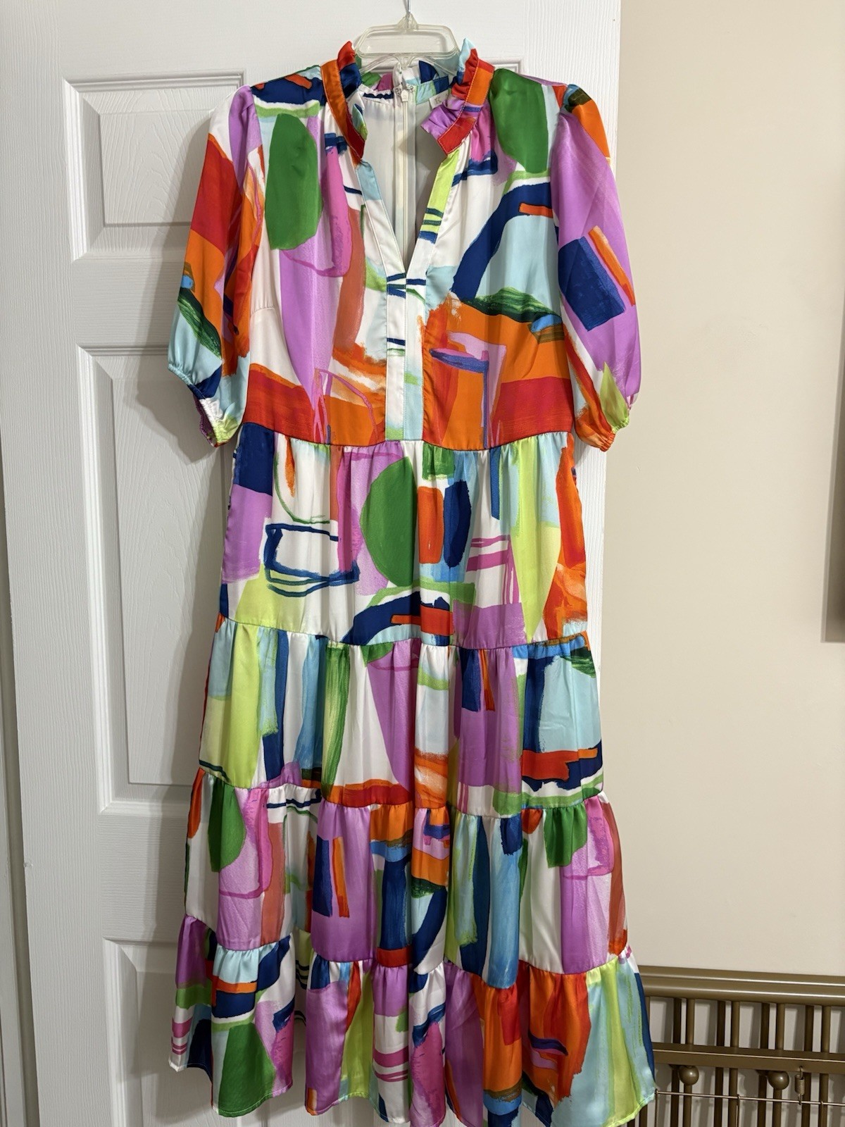 Karlie Womens Large Abstract Print Tiered Dress Colorful Puff Sleeve Boho