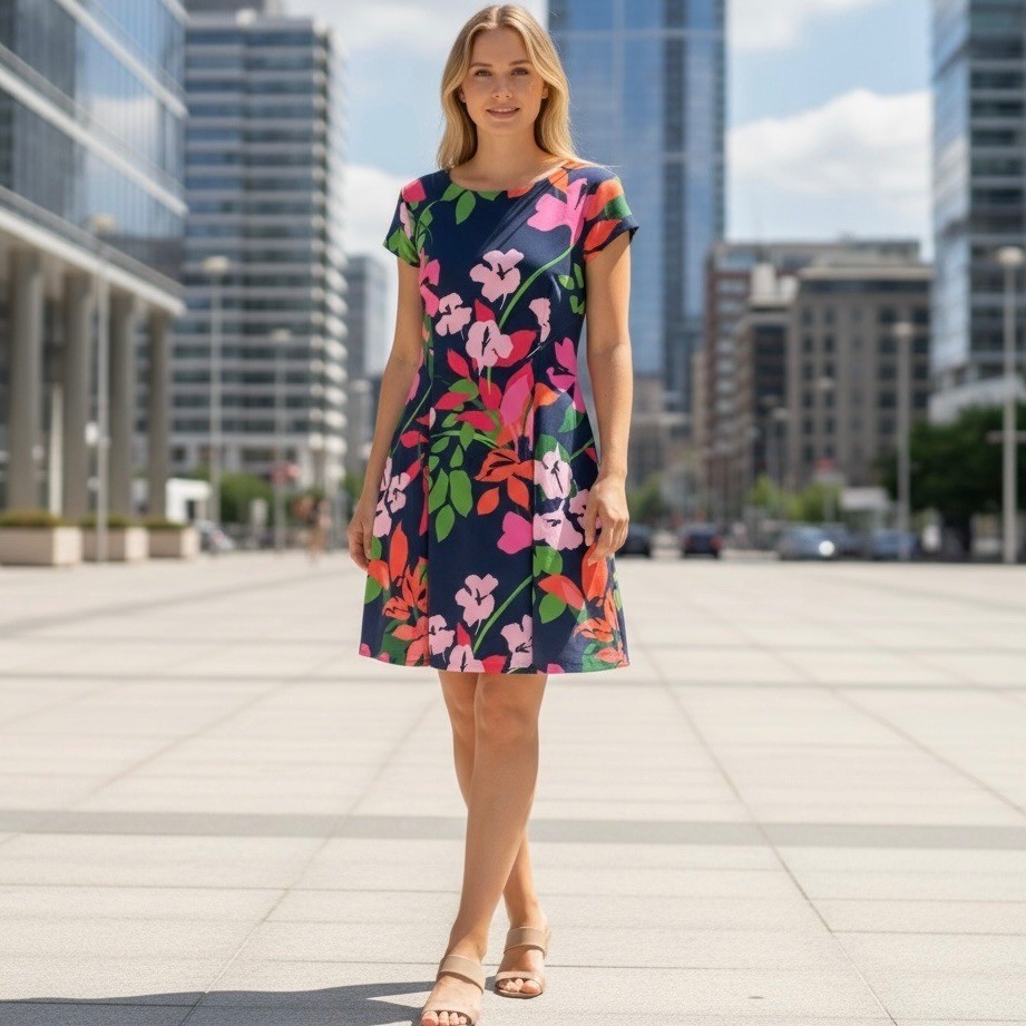Willow Glenn Women’s Navy Floral Print Short Sleeve Fit Flare Dress Size 18 NWT