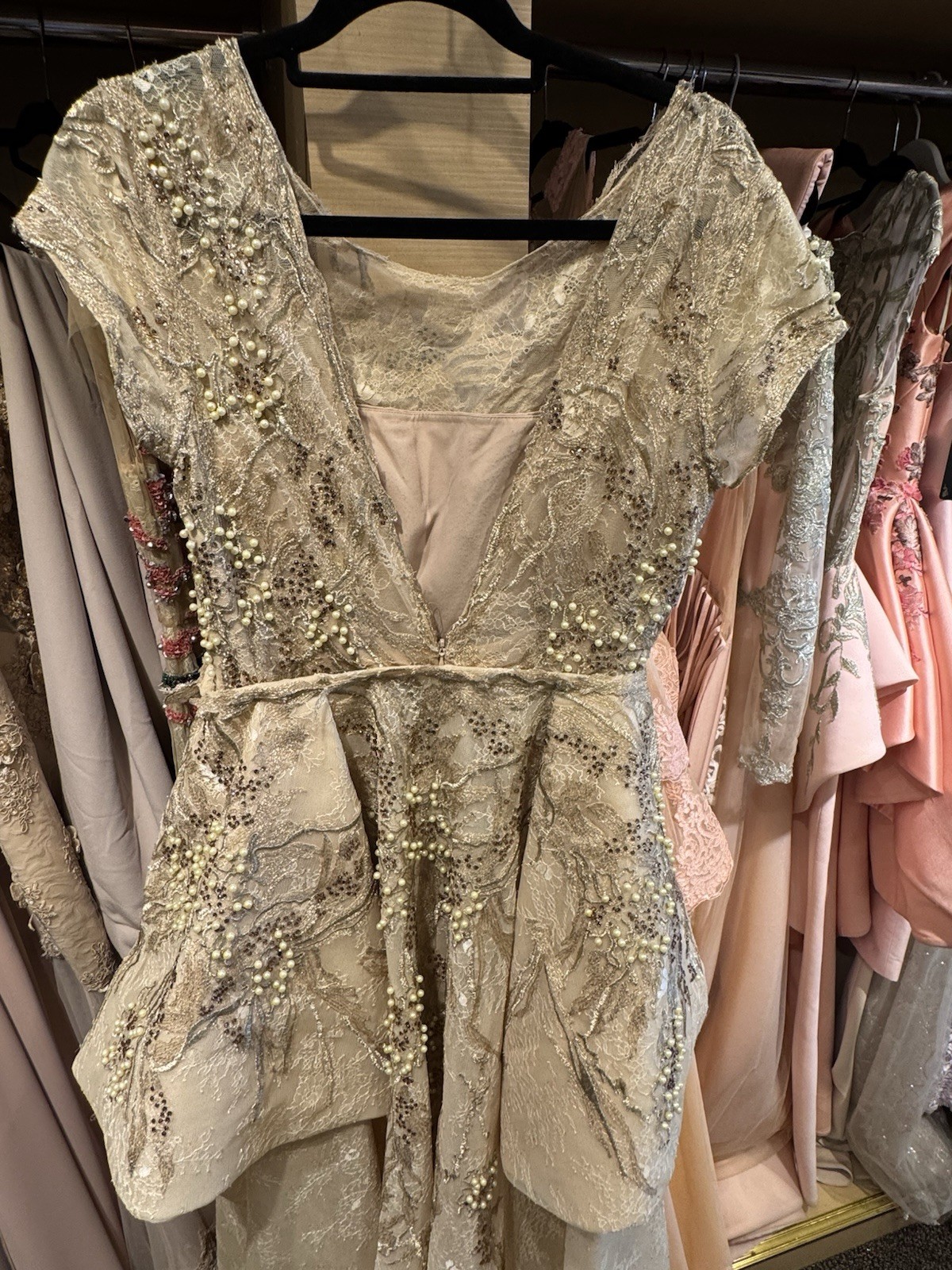 Saiid Kobeisy Gold Ivory Pearl Beaded Lace Peplum Evening Gown Size 46 US 14