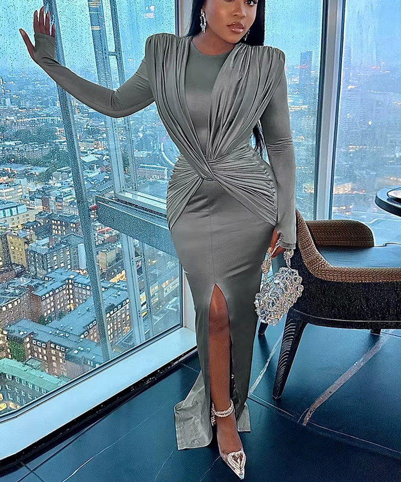 S M L Classic Cross Ruched Long Sleeve Split Maxi Dress Elegant Prom Party Wear