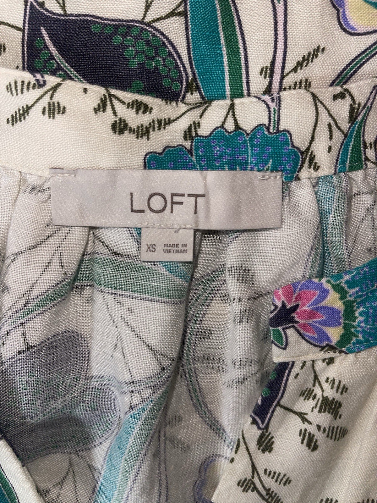 LOFT Ivory Floral Woven Cotton A-Line Dress XS Belted Button Front V-Neck