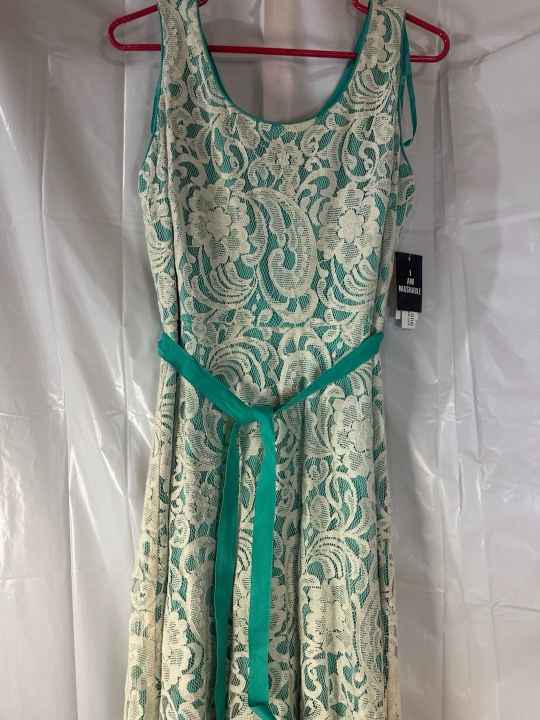 Studio One New York Ivory and Mint Green Lace Sleeveless Dress with Sash