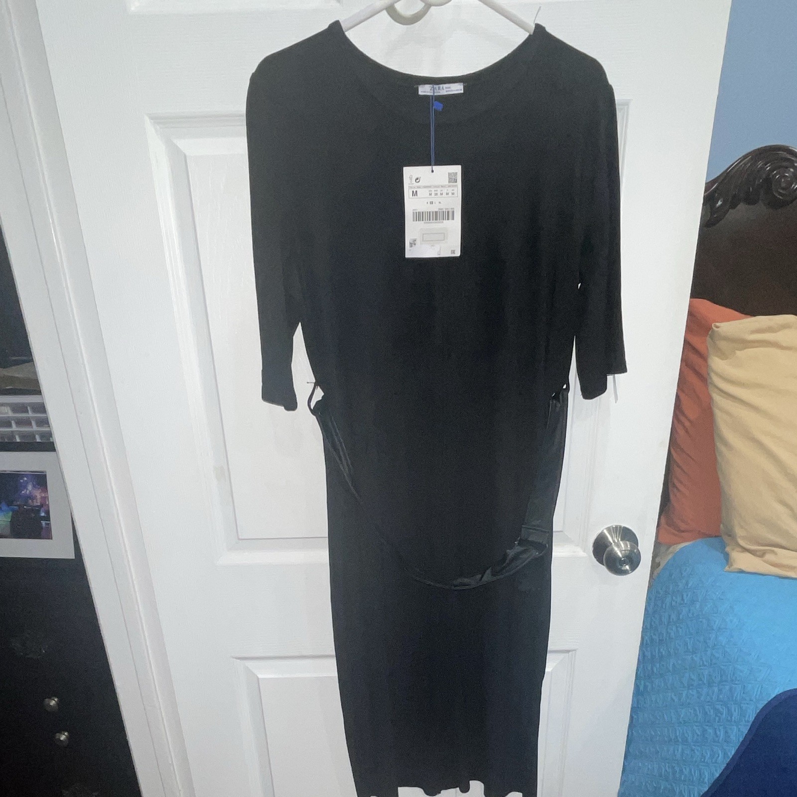 ZARA Basic Black Midi Sheath Dress Faux Suede Belted 3/4 Sleeve Round M