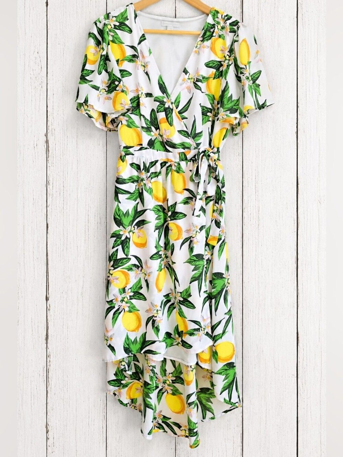 New York & Company Lemon Print Wrap High Low Dress Size XS