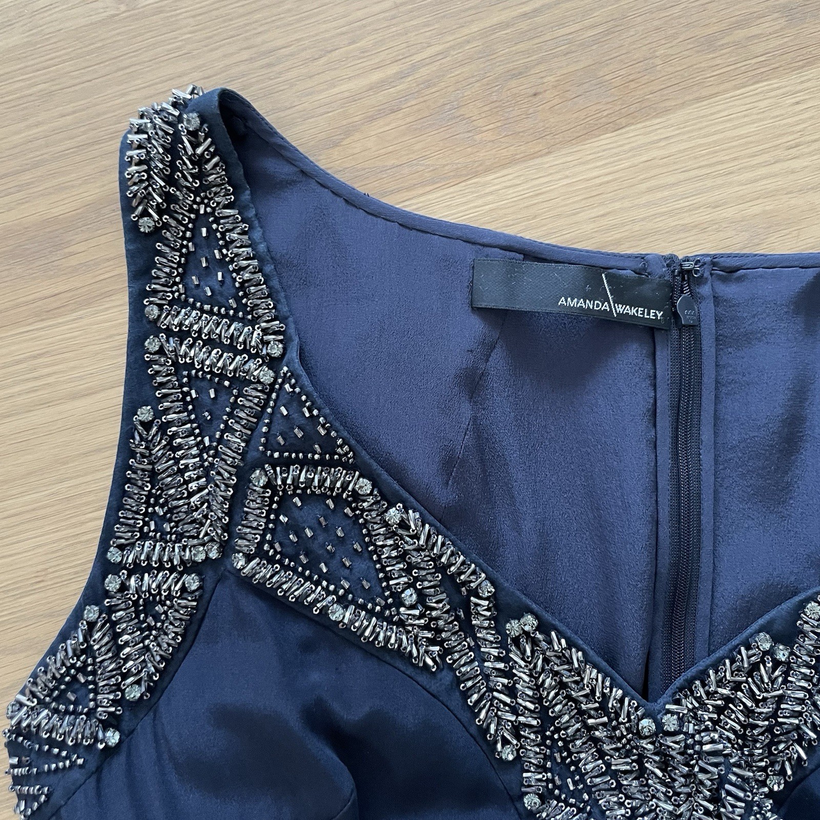 AMANDA WAKELEY Jelena Navy Gown, Size AU/UK 14 US 10, Beaded Silk Evening Dress