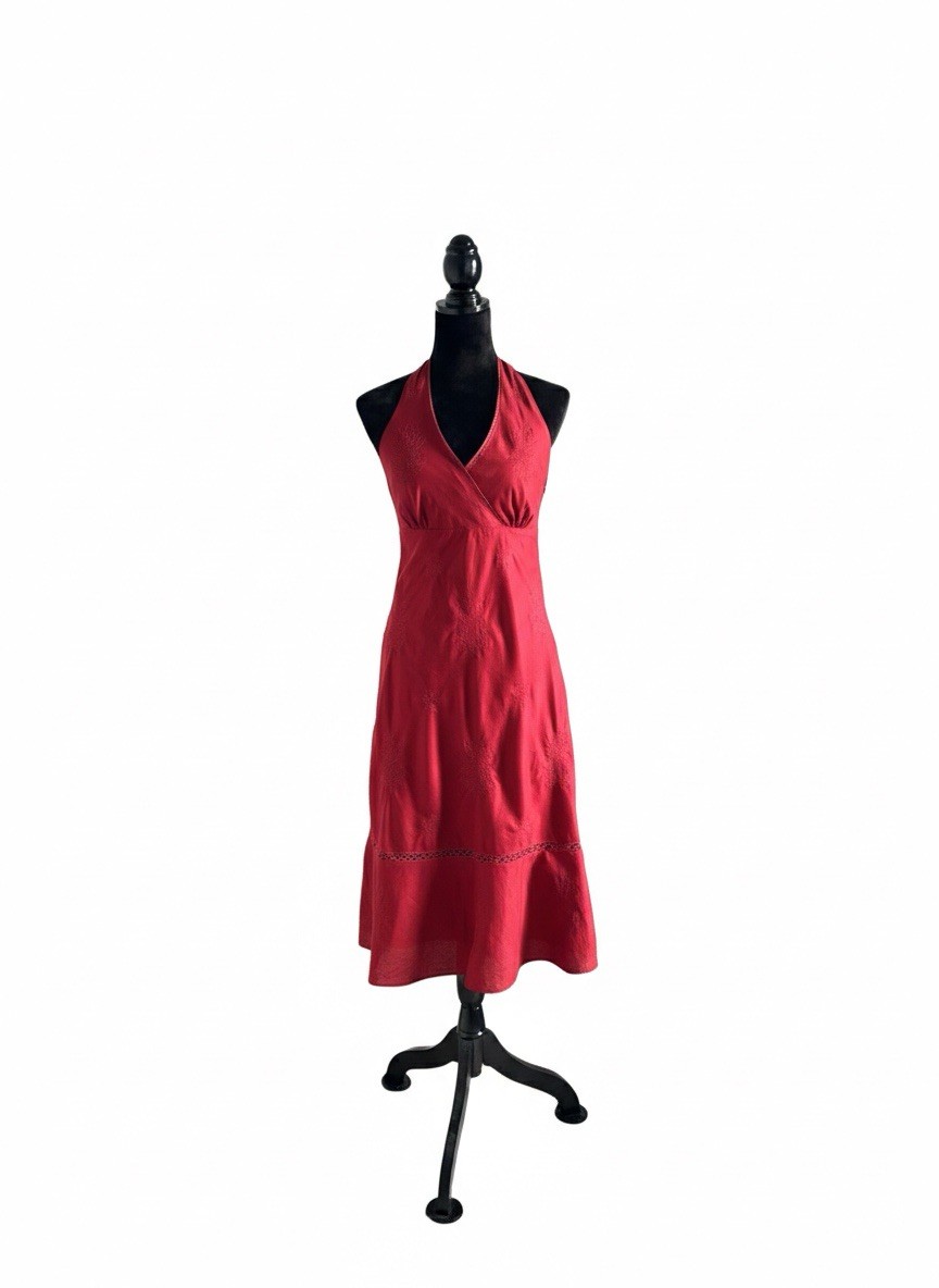 J.Crew Embroidered Mesh Halter A-Line Cotton No Stretch Midi Dress – Wine Size 2